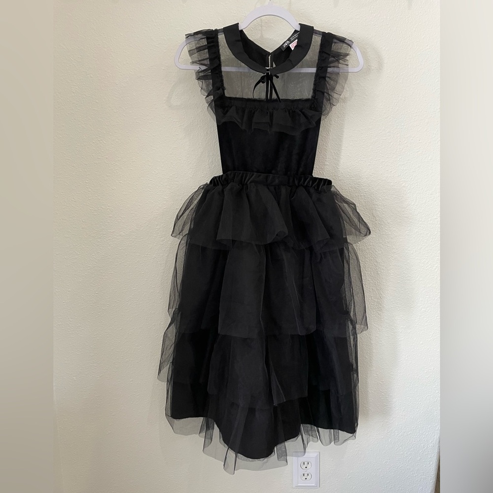 Zara Wednesday Adam’s Black Dress Tule Ruffle Victorian Peter Pan Collar - Picture 2 of 8